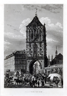 Praha – Prašná brána, Václav Merklas, původní oceloryt, ca 1840