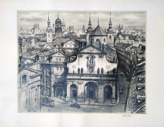 Stretti Viktor – Praha, Křižovnické náměstí, původní litografie s podtiskem, 1948