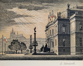 Morávek Antonín – Praha, Rudolfinum, kolorovaný dřevoryt, ca 1940