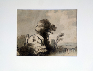Neznámý autor – Krajina se stavením, akvarelem kolorovaná kresba tuší, ca 1800