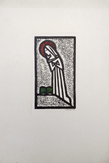 Vítečková Kateřina – Světice s knihou, původní kolorovaný dřevořez, 1965