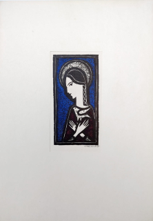Vítečková Kateřina – Světice s holubicí, původní kolorovaný dřevořez, 1965