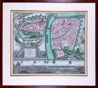 Praha – Barokní plán opevnění Prahy s vedutou, Matthäus Seutter, ca 1740