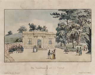 Karlovy Vary – Lázně Kyselka, plynová lázeň, kolorovaná akvatinta, ca 1825