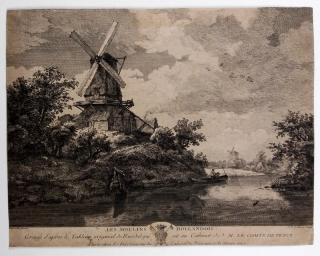 Le Bas J. P. – Romantická krajina s větrnými mlýny, mědiryt, 1747, stará grafika na prodej