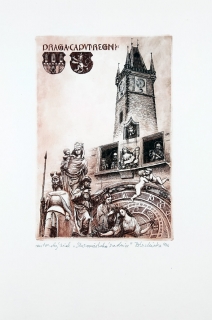 Minka Petr – Staroměstská radnice, zrnkový lept s barevným podtiskem, 1996