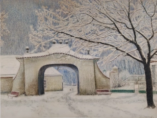 Janovská Ludmila – Praha, Kampa, zimní motiv, malba pastelem, 60.–70. léta