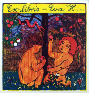 Váchal Josef – Ex libris Eva H., původní barevný dřevoryt, 1912