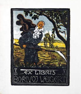 Váchal Josef – Ex libris Bořivoj Weigert, původní barevný dřevoryt, 1919