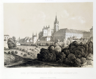 Praha – pohled na Pražský hrad, Fr. X. Sandmann, původní litografie s podtiskem, ca 1860