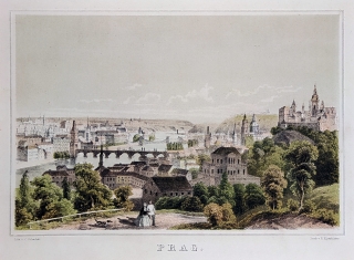 Praha – pohled na město, C. Schacher, původní barevná litografie, ca 1860