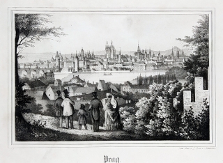 Praha – pohled přes řeku na Staré Město, L. Oeser, původní litografie, ca 1855