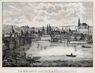 Praha – pohled přes řeku na Malou Stranu a Hradčany, původní dřevoryt, ca 1860