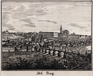 Praha – pohled přes Karlův most na Pražský hrad, původní litografie, 1837