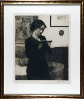 Šimon Tavík František – Vilma čtoucí knihu, původní mezzotinta, 1914