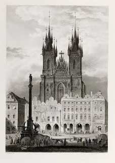 Praha – Chrám Matky Boží před Týnem, E. C. Schmidt, původní oceloryt, ca 1830