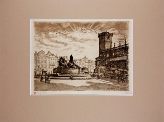 Mayer Josef – Praha, Staroměstská radnice, původní lept, ca 1945, česká grafika, pragensia
