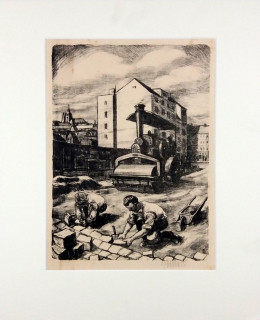 Veselka Jindřich – Praha, Pohořelec, původní litografie, ca 1950, česká industriální grafika, pragensia