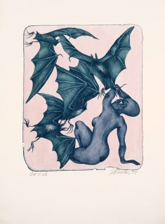 Neurčený autor – Netopýří žena, barevná litografie s podtiskem, 1985