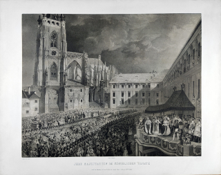Praha – Císař Ferdinand I. s císařovnou Marií Annou na Pražském hradě, Gurk, Herr, původní litografie, 1836