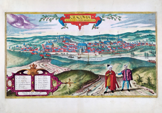 Krakov – Georg Braun, Franz Hogenberg, staře kolorovaný původní mědiryt, 1617–1618