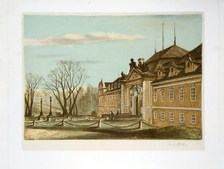 Müller Karel – Zámek Dobříš, původní barevná litografie s podtiskem, ca 1940