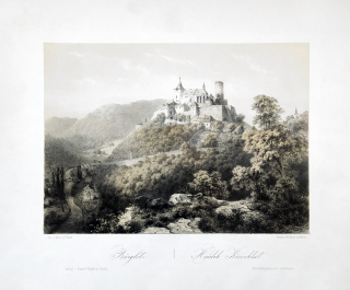 Křivoklát – Haun August, původní dvoubarevná litografie s podtiskem, 1860