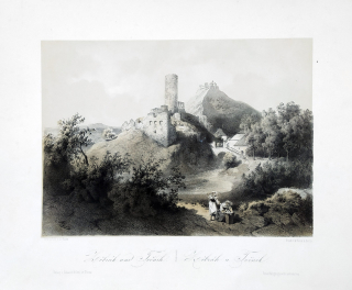 Žebrák a Točník – Haun August, původní dvoubarevná litografie s podtiskem, 1860