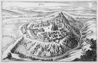 Tábor – pohled na město, M. Merian, původní mědiryt, 1650