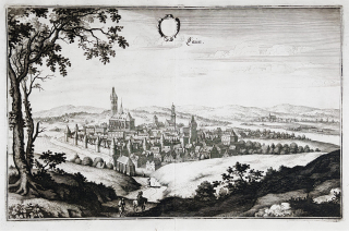 Louny – pohled na město, M. Merian, původní mědiryt, 1650