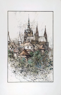 Vondrouš Jan Charles – Praha, Pražský hrad, akvarelem kolorovaná kresba tuší, 1915