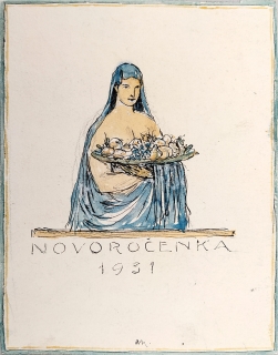 Nauman Arno – Návrh, Novoročenka 1931, kresba perem kolorovaná akvarelem, 1930