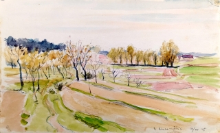 Nauman Arno – U Horoměřic, kresba perem kolorovaná akvarelem, 1945