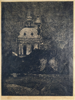 Kobliha František – Kostel sv. Mikuláše na Malé Straně, pův. dřevoryt na japanu, 1913
