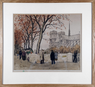 Šimon Tavík František – Bukinisté a Notre Dame v Paříži, původní barevný lept, 1924