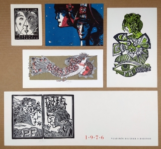 Liesler Josef – konvolut pěti PF a Ex libris, původní dřevoryty a barevné litografie, 1948–1978
