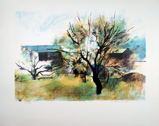 Chudomel Jaroslav – Pohled ze sadu, původní barevná litografie, 1977