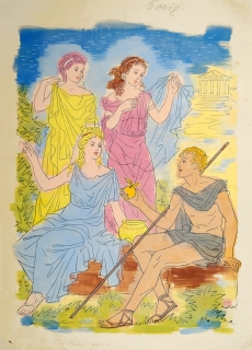 Fiala Václav – Paridův soud, kvašem kolorovaná kresba tuší, 1947