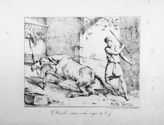 Vernet Carle – Le Cheval s´étant voulu venger du Cerf, původní litografie, ca 1800