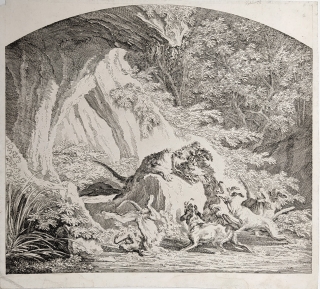 Ridinger Johann Elias – Štvanice divočáka za pomoci psů, mědiryt s leptem, ca 1740