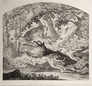 Ridinger Johann Elias – Štvanice srnce za pomoci psů, mědiryt s leptem, ca 1740