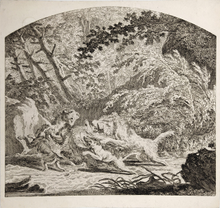 Ridinger Johann Elias – Štvanice za pomoci psů, mědiryt s leptem, ca 1740