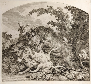 Ridinger Johann Elias – Štvanice za pomoci psů, mědiryt s leptem, ca 1740