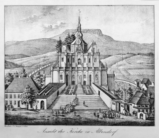Polsko – Ansicht der Kirche zu Albendorf, F. A. Pompejus, původní litografie, 1860