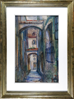 Kadlec Václav – Cheb, Ulička zavražděných s průhledem do Židovské, pastel, akvarel, 1939