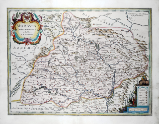 Morava – Komenského mapa Moravy, Johannes Janssonius, staře kolorovaný původní mědiryt, 1638