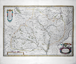 Morava – Komenského mapa Moravy, Johannes Janssonius, staře kolorovaný původní mědiryt, 1645