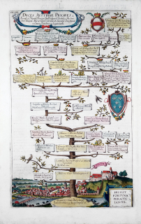 Albizzi Antonio – Rodokmen rakouské královské rodiny z let 996–1269, staře kolorovaný původní mědiryt, 1626