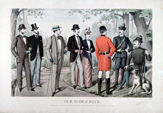 Pánská móda na srpen 1889 – Der Beobachter, staře kolorovaná litografie, 1889