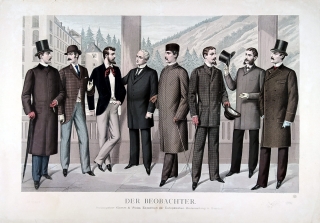Pánská móda na říjen 1889 – Der Beobachter, staře kolorovaná litografie, 1889